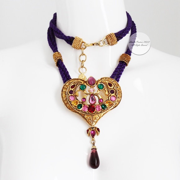 Christian Lacroix Statement Necklace Large Heart Pendant Glass Cabochons Vintage - Picture 4 of 12